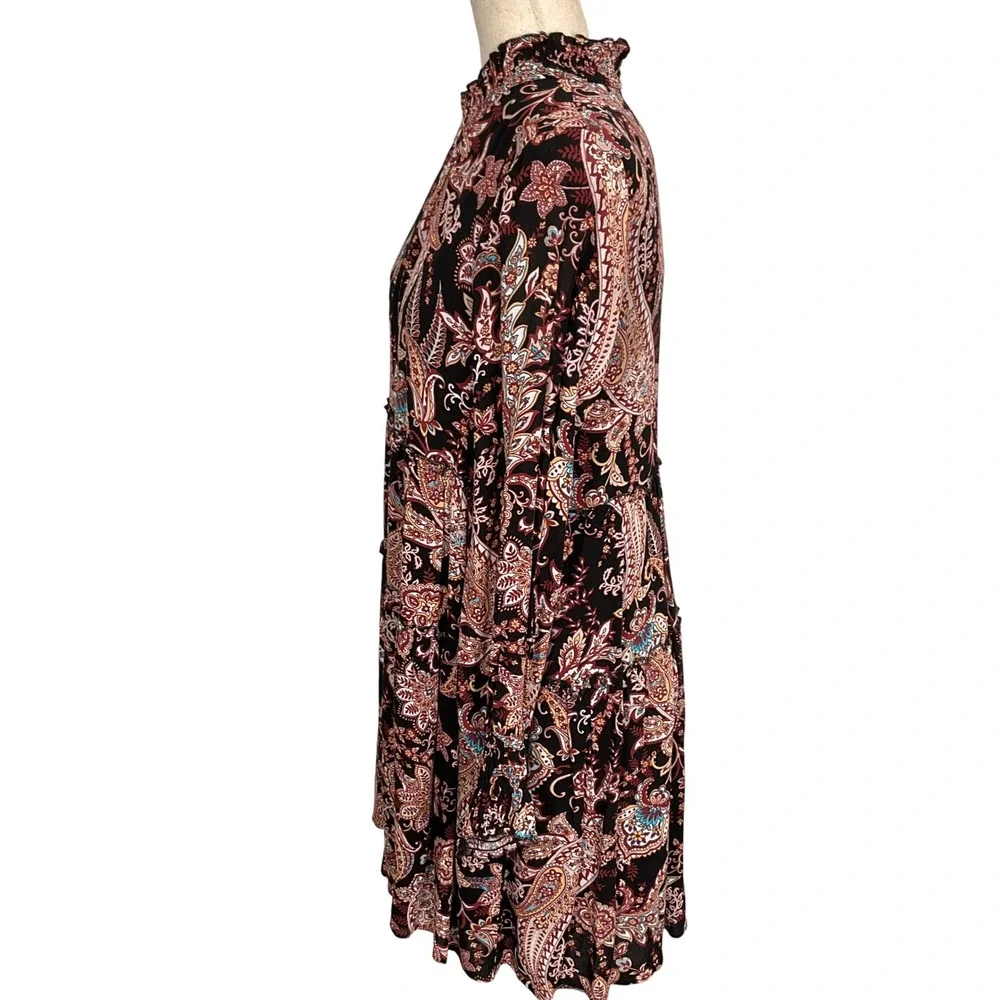 Anthropologie Dress Womens Small Black Red Paisley Mock Ruffle Peasant Prairie‎